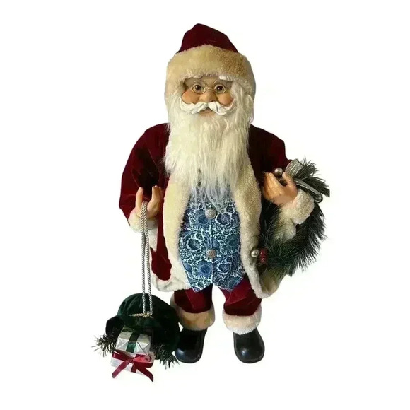 24 Inch Standing Fancy Santa Claus With Blue Paisley Vest Holding Gift & Wreath - Picture 1 of 14